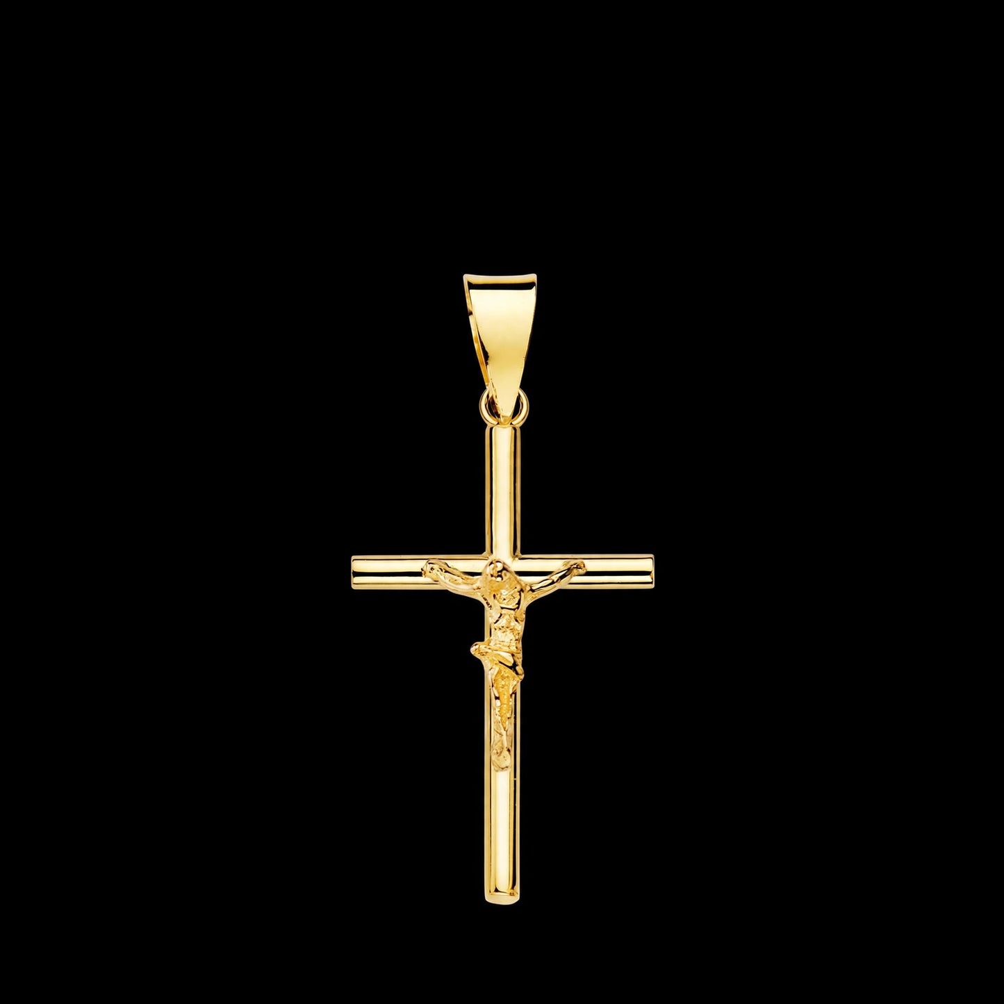 Cruz de oro amarillo con Cristo tubo hueco - 18K