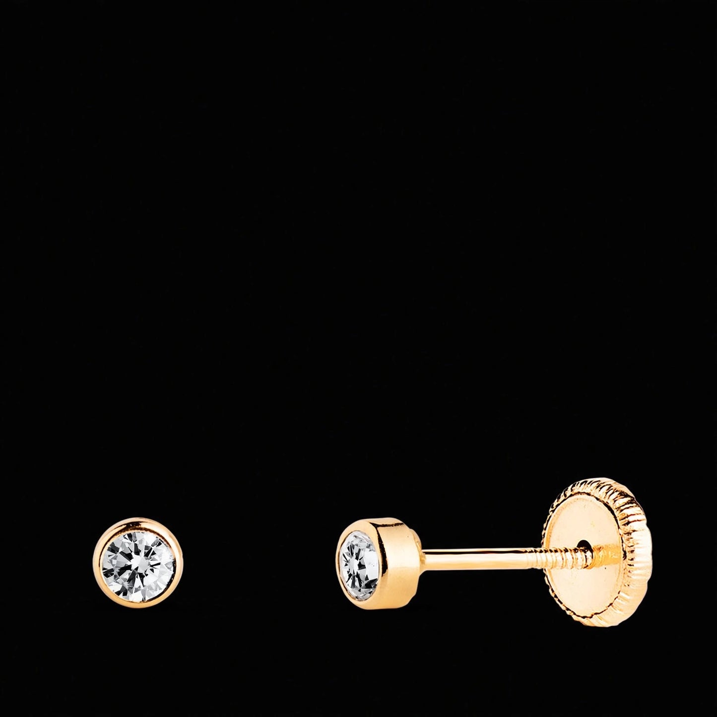 Pendientes de oro amarillo chatón circonita redondos tuerca 3 mm - 18K