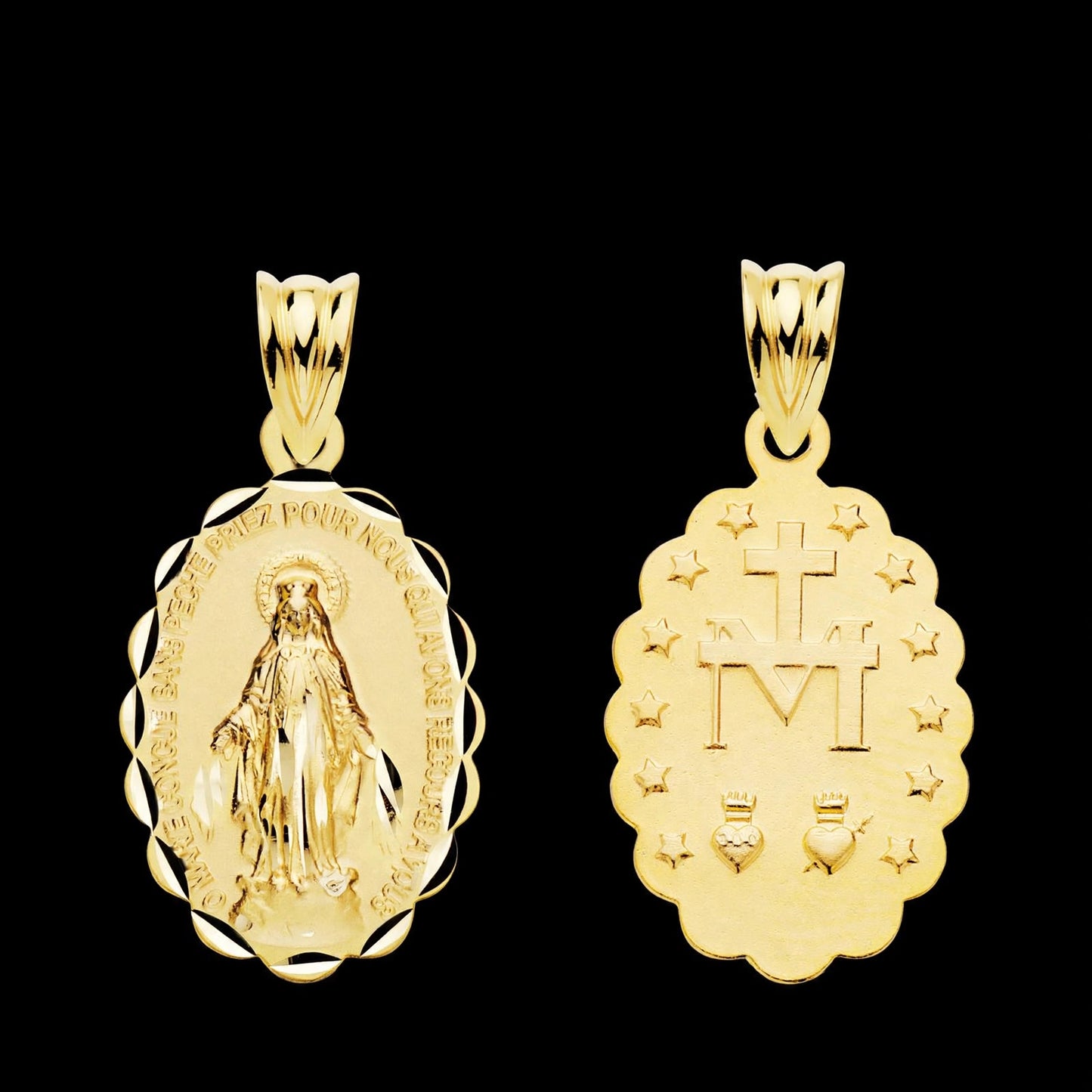 Medalla de oro amarillo Virgen Milagrosa oval tallada - 18K