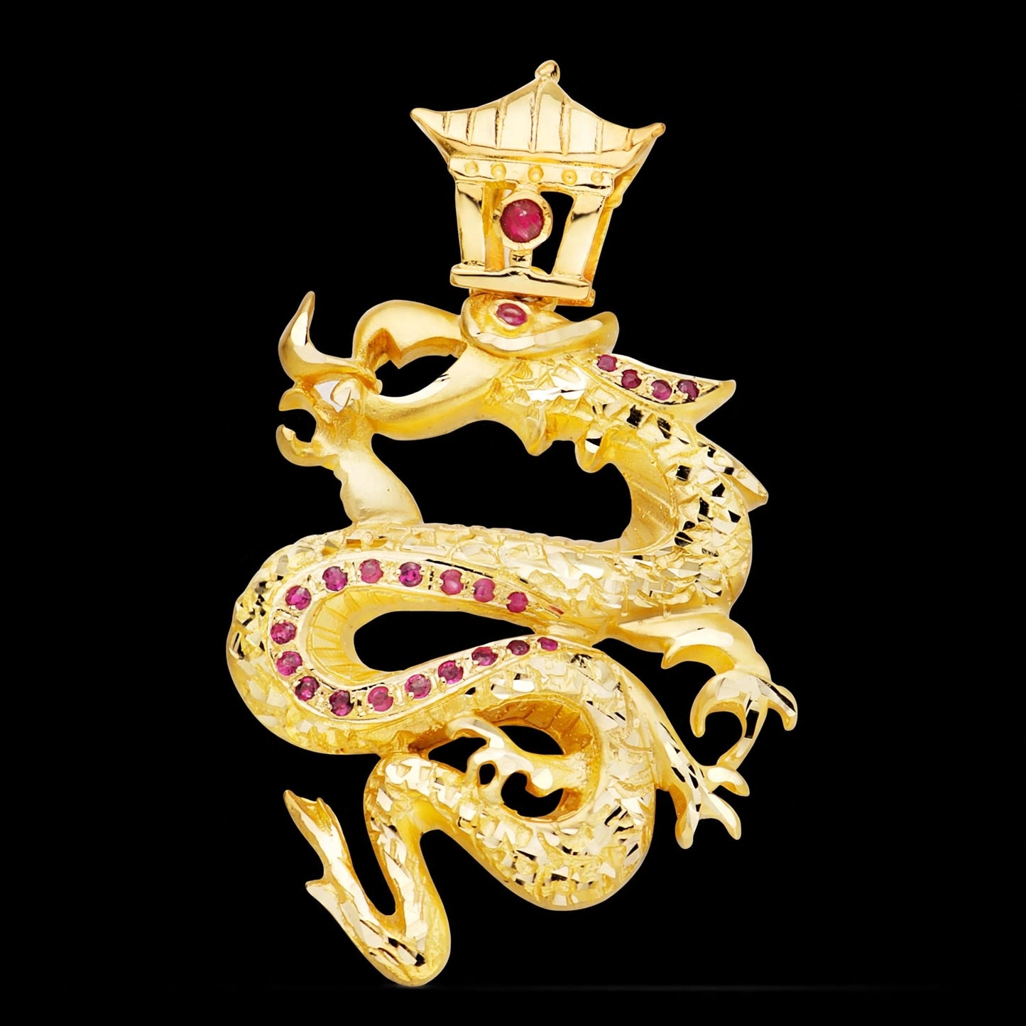 Colgante de oro amarillo dragón con circonita rojas - 18K