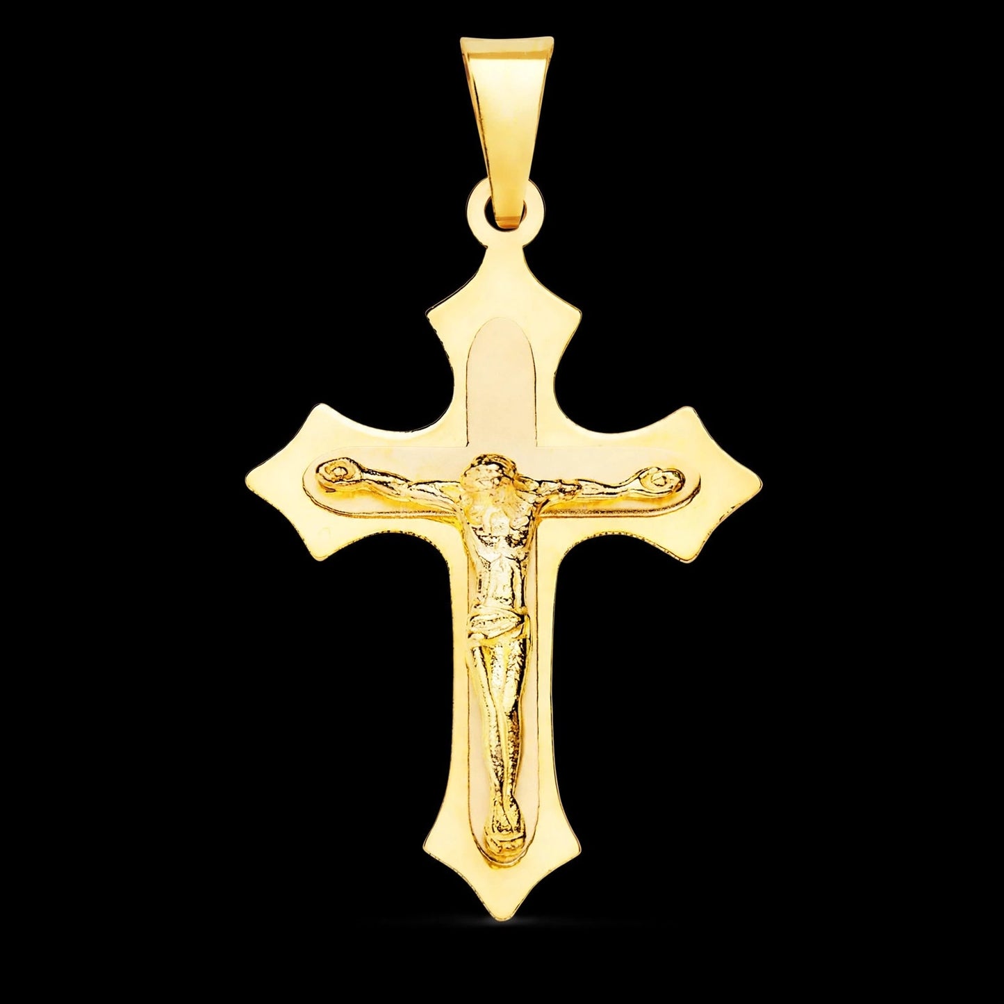 Cruz de oro amarillo con Cristo en brillo - 18K