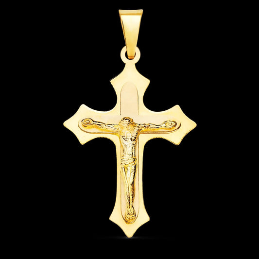 Cruz de oro amarillo con Cristo en brillo - 18K