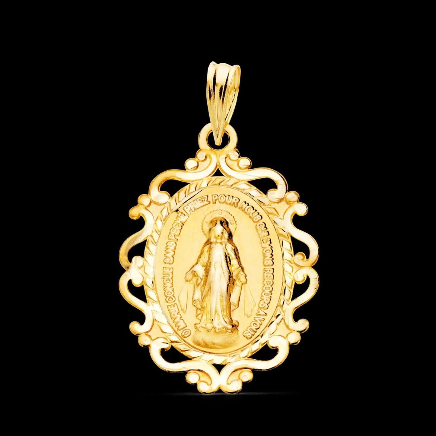 Medalla de oro amarillo Virgen de la Milagrosa cerco en francés - 9K