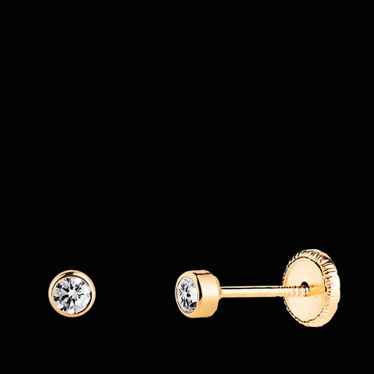 Pendientes de oro amarillo chatón circonita redondos tuerca 3 mm - 18K