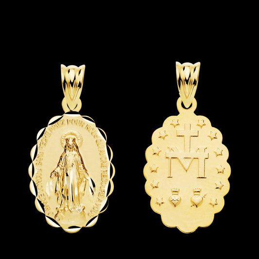 Medalla de oro amarillo Virgen Milagrosa oval tallada - 18K