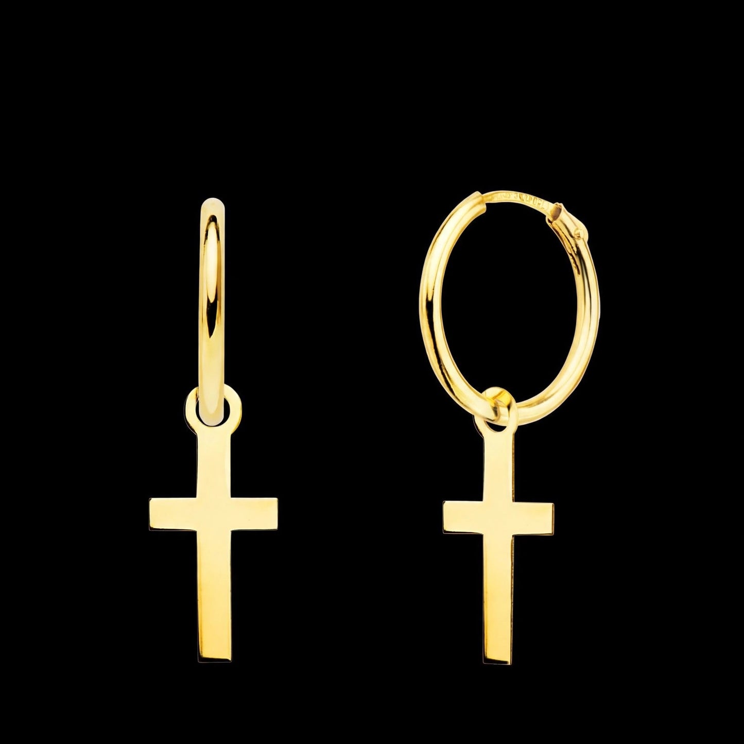 Aros de oro amarillo tubo con cruz lisa - 18K