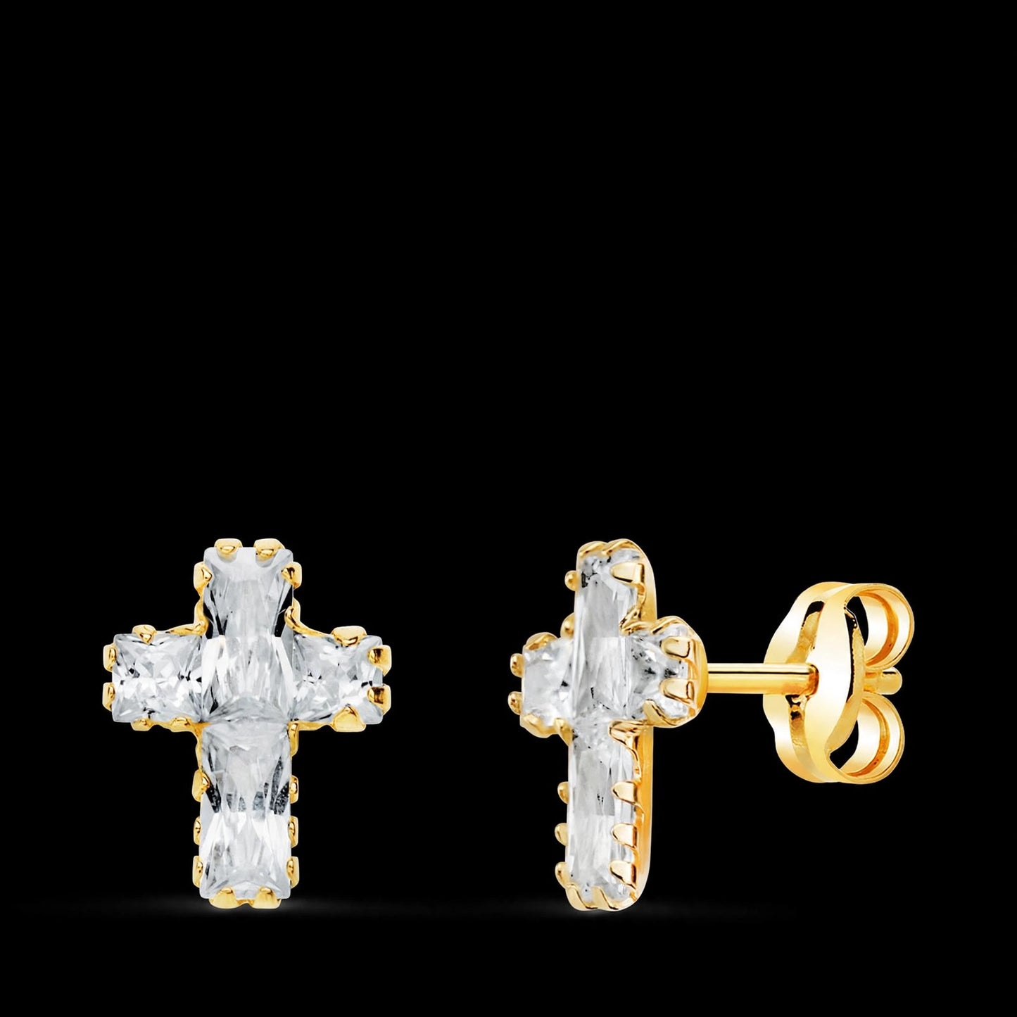 Pendientes de oro amarillo cruz circonitas baguette - 18K